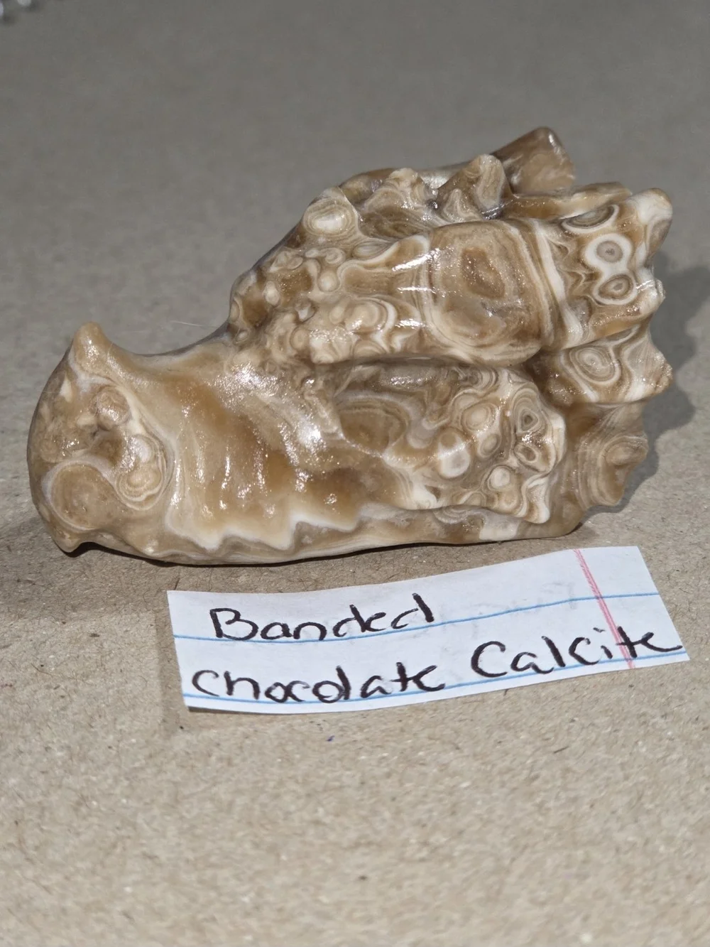 Detailed Banded Chocolate Calcite Crystal Carved Dragon Head Stone Sculpture